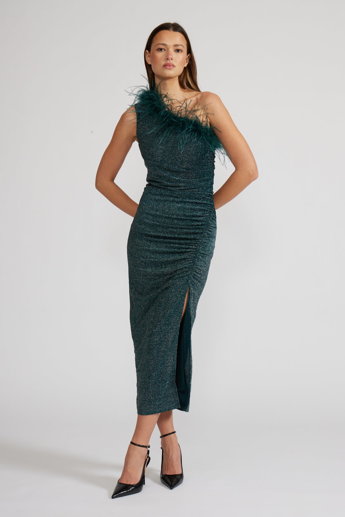 Sandrine One Shoulder Feather Dress - JoeyRae