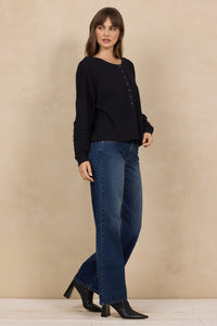 Waffle Cable Knit Henley Top Black - JoeyRae
