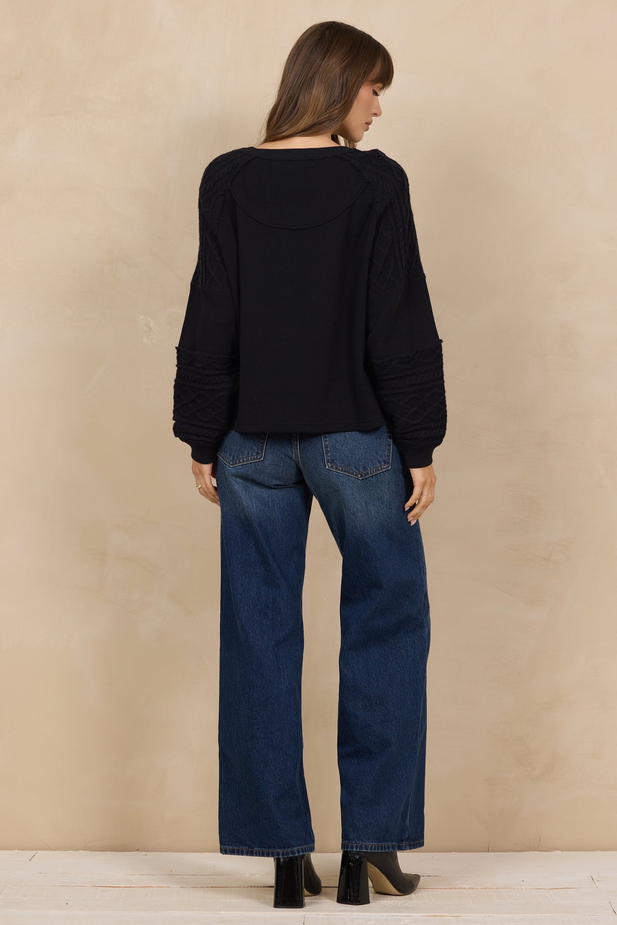 Waffle Cable Knit Henley Top Black - JoeyRae