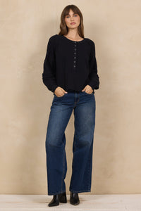 Waffle Cable Knit Henley Top Black - JoeyRae