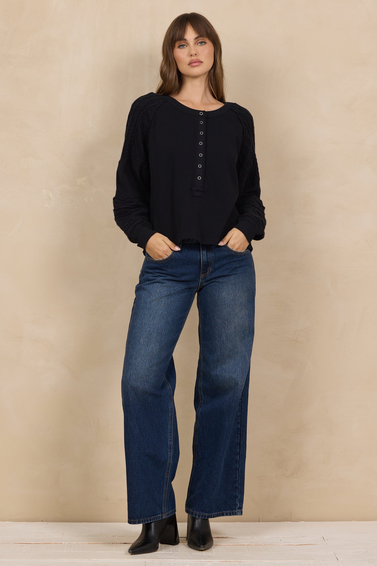 Waffle Cable Knit Henley Top Black - JoeyRae