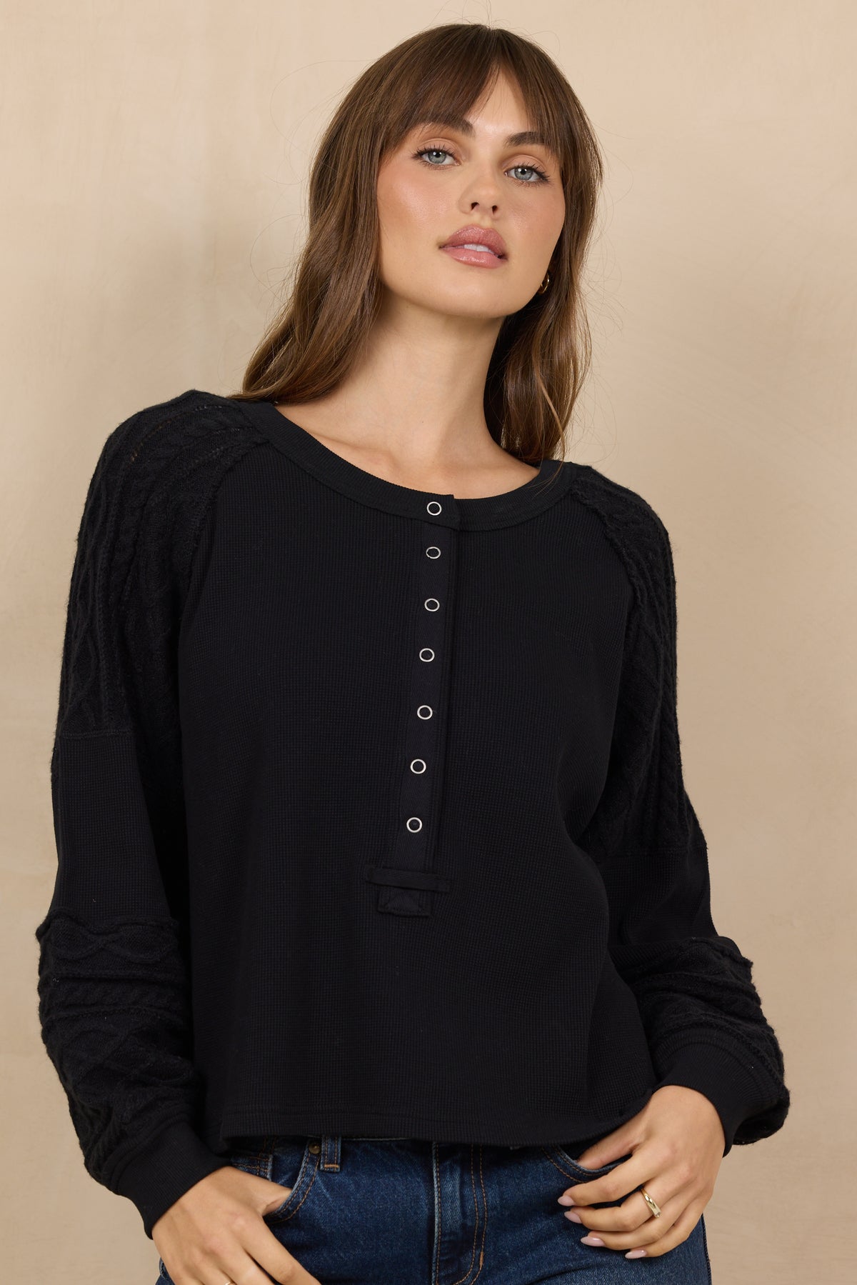 Waffle Cable Knit Henley Top Black - JoeyRae