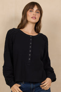 Waffle Cable Knit Henley Top Black - JoeyRae