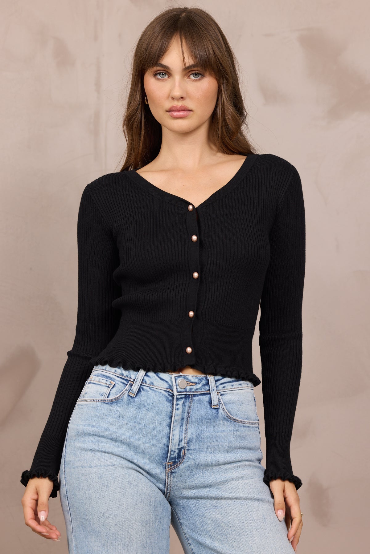 Rib Knit Fitted Cardigan Black