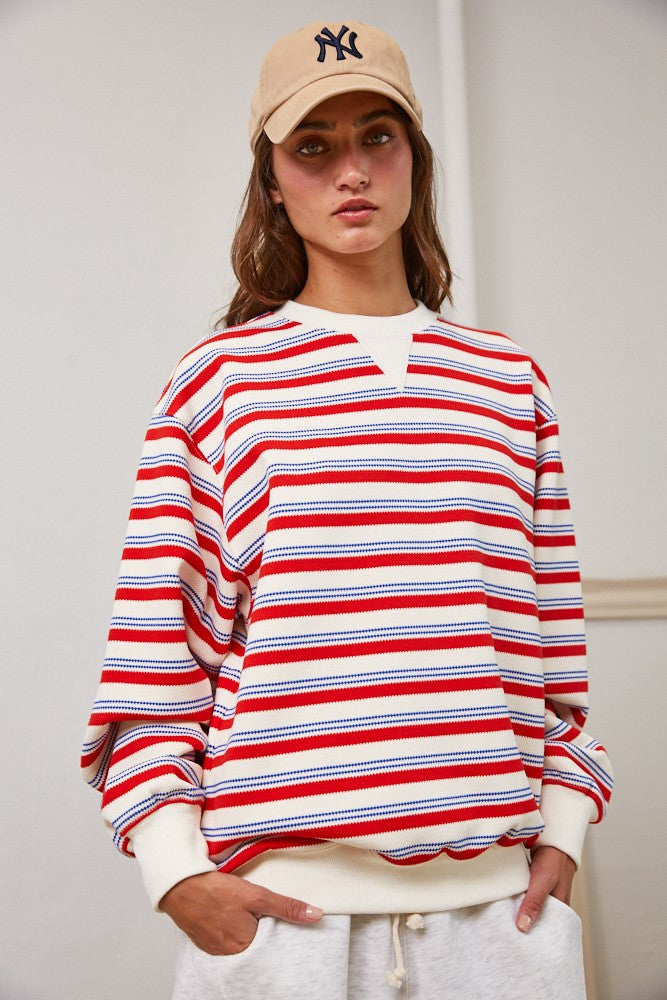 Retro Striped Crew Neck Sweatshirt - JoeyRae