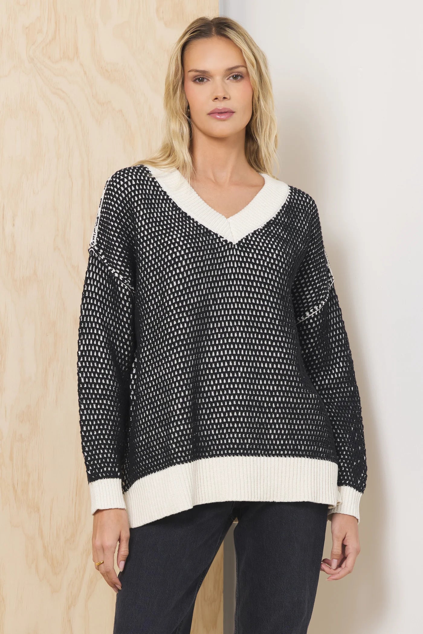 Honeycomb Knit V Neck Sweater