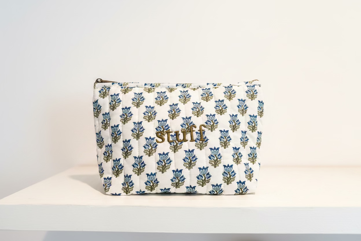 Stuff Aqua Block Print Cosmetic Bag - JoeyRae