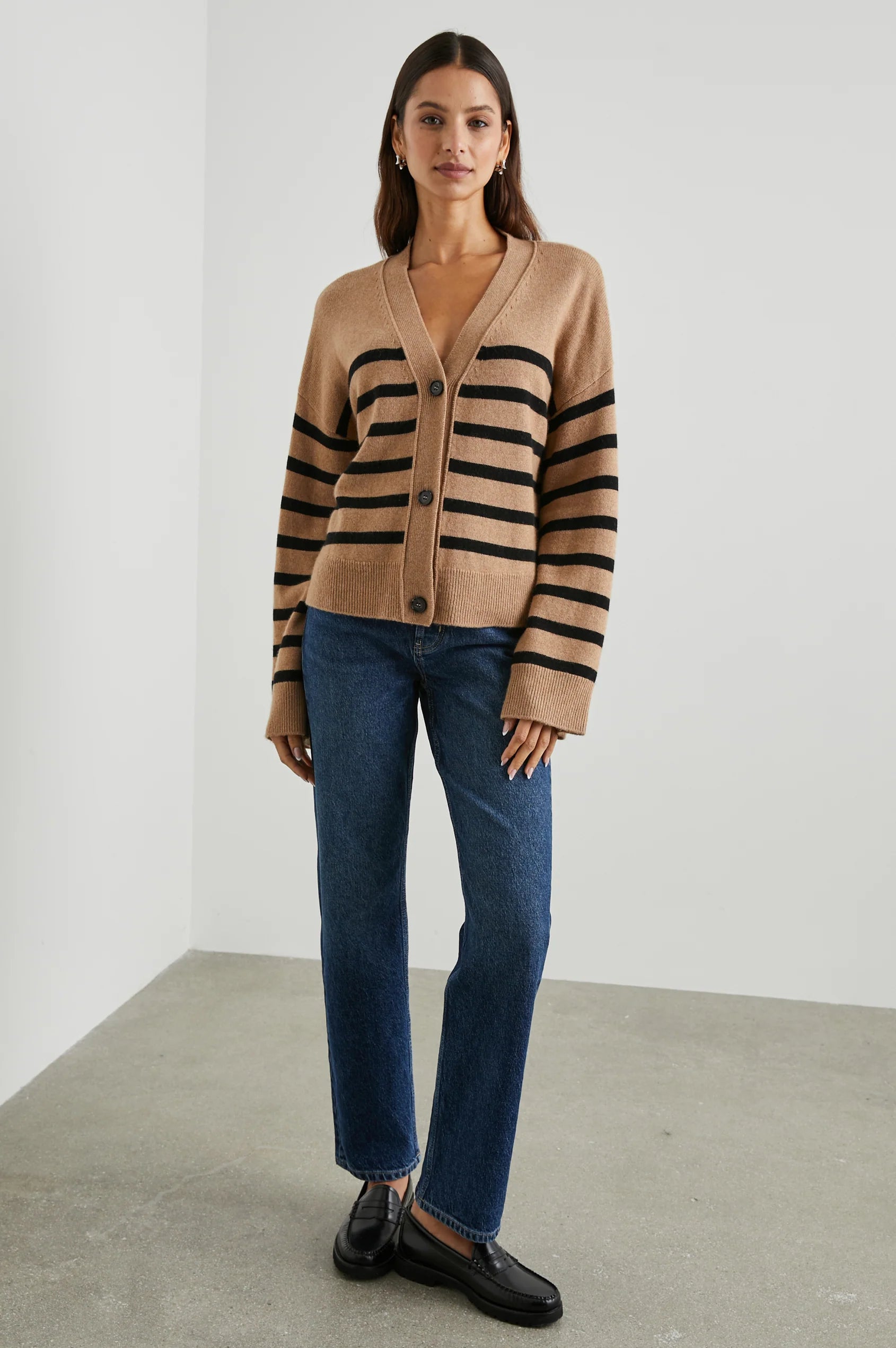 Geneva Cardigan Camel Black Stripe - JoeyRae