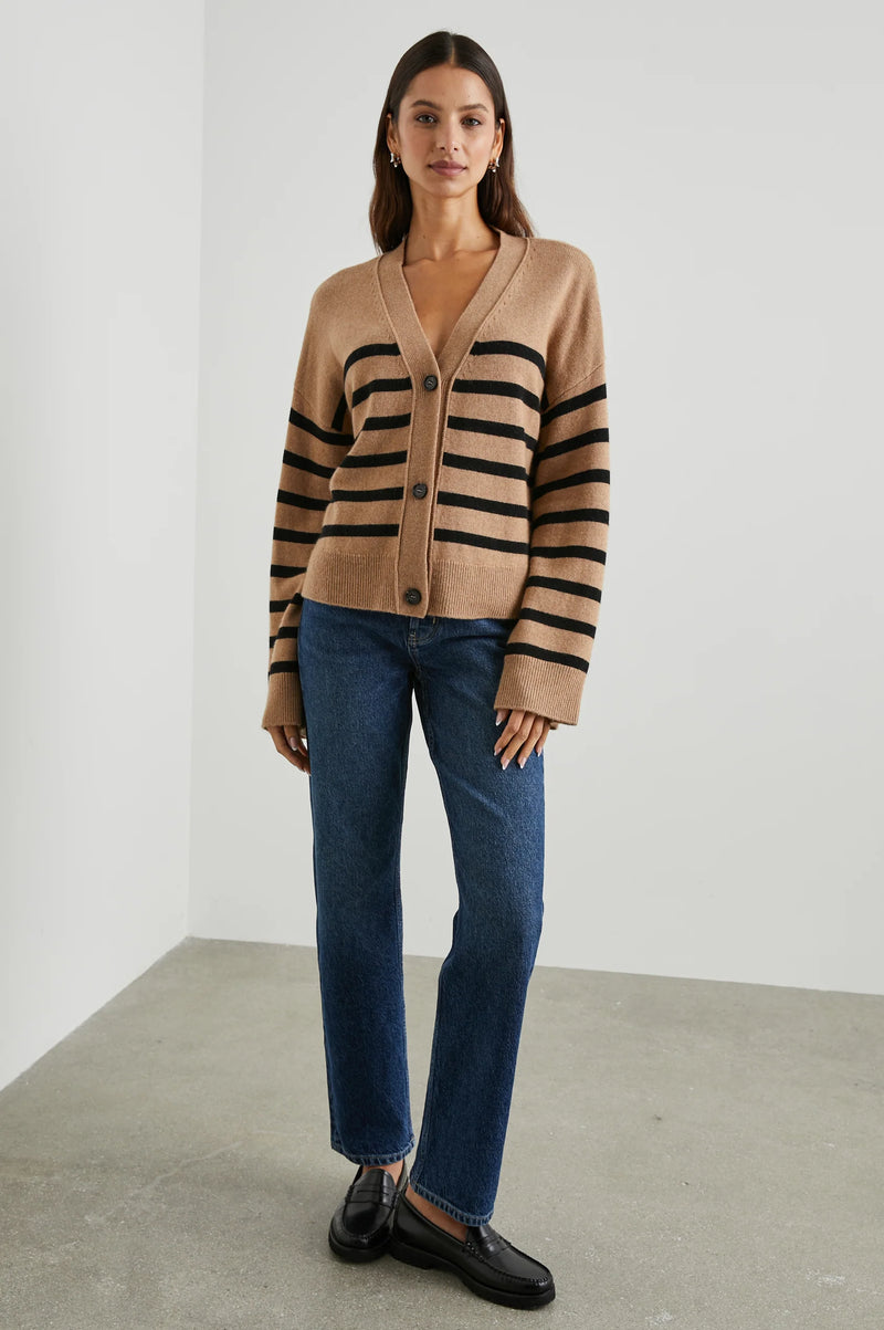 Geneva Cardigan Camel Black Stripe - JoeyRae