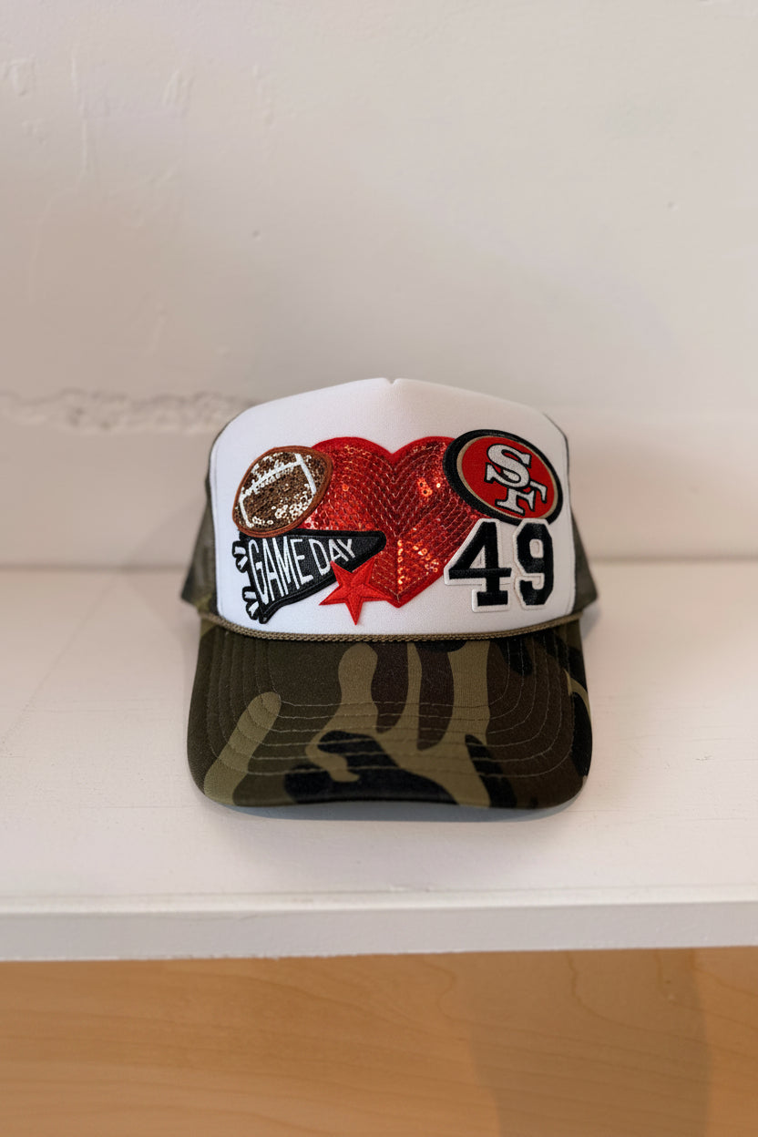 Sparkled Heart Patch Camo Trucker - JoeyRae