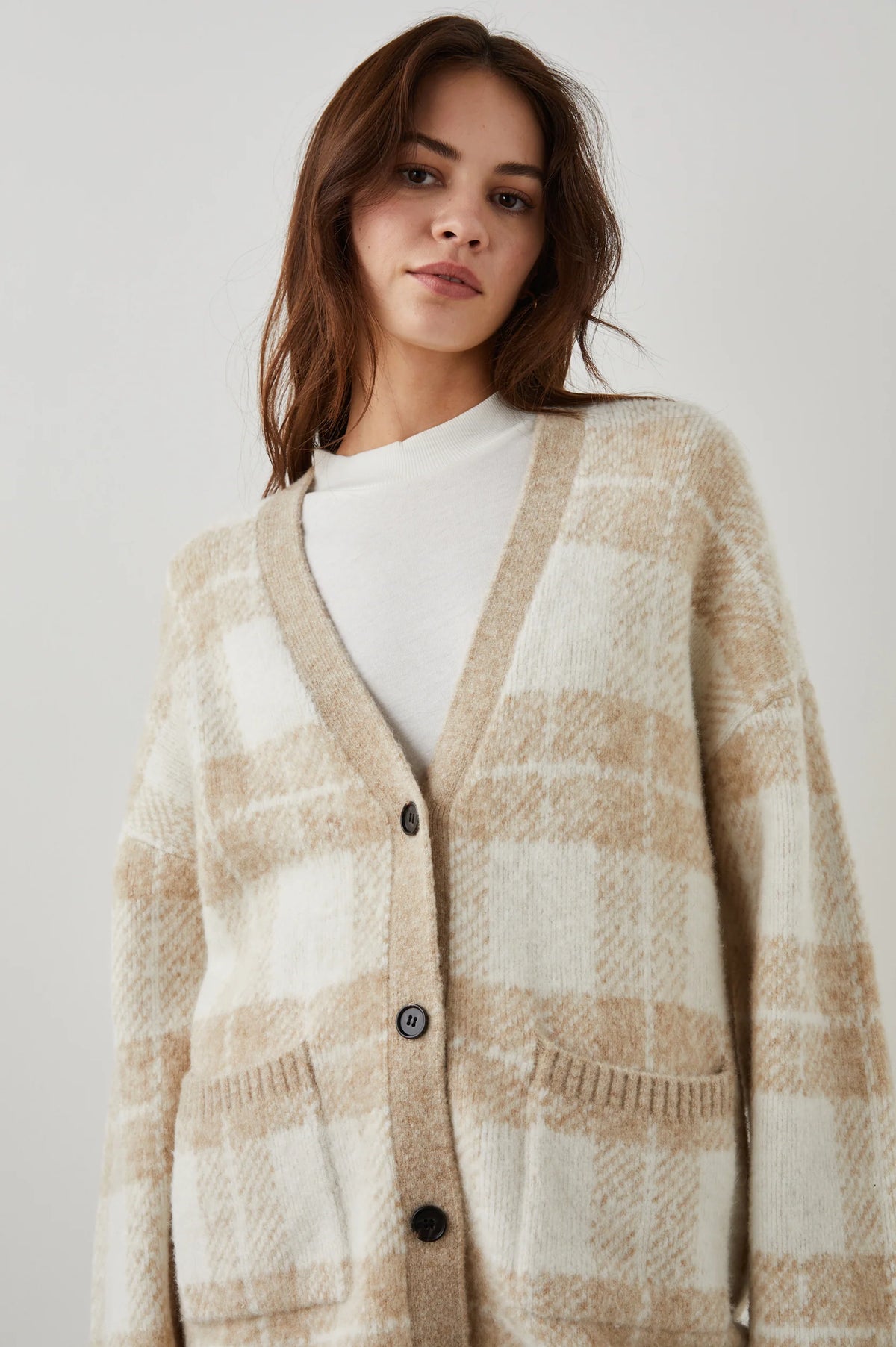 Runi Cardigan Ivory Sand Plaid - JoeyRae