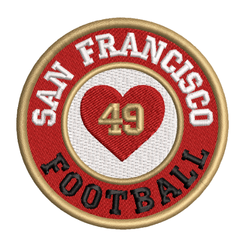 An embroidered circular patch featuring a red outer ring with white arched text reading 'SAN FRANCISCO' and black arched text reading 'FOOTBALL' around a red heart with gold '49' in the center, all bordered by a gold ring on a white background.